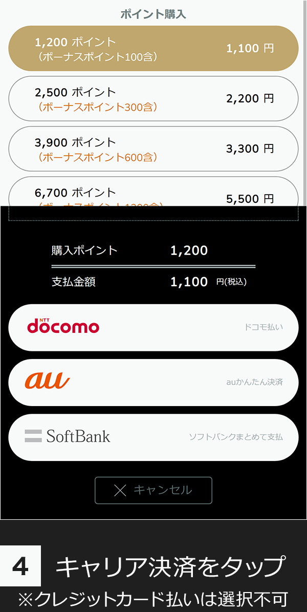 （4）キャリア決済をタップ